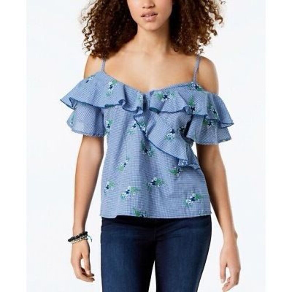 Gypsies & Moondust Gingham Embroidered Off Shoulder Ruffled Top Sz L Country